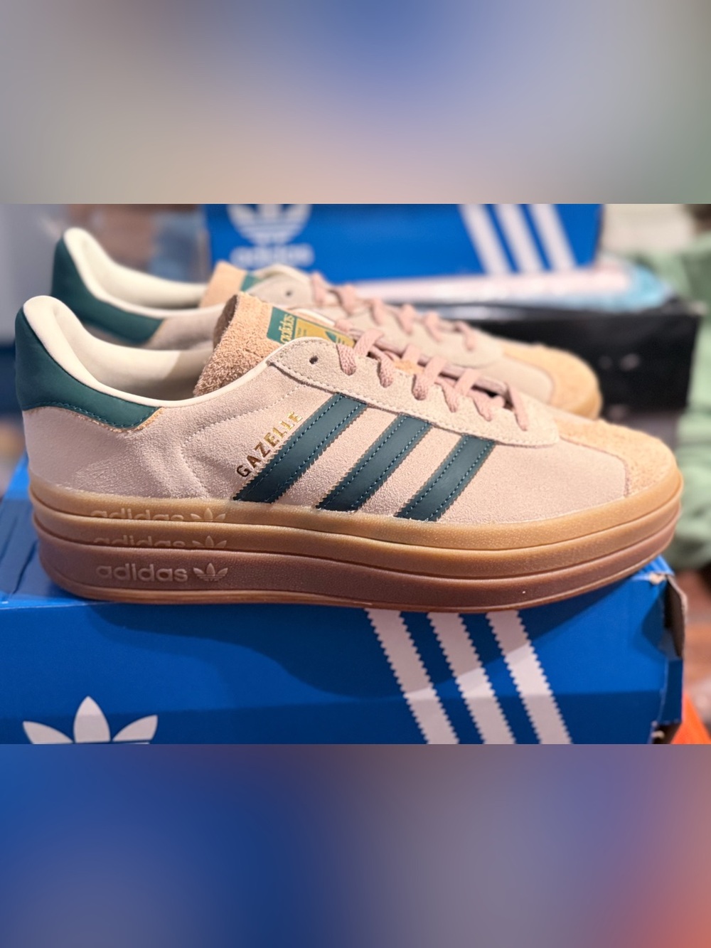 adidas Gazelle Men's Suede Sneakers in Pale Pink with Green Stripes